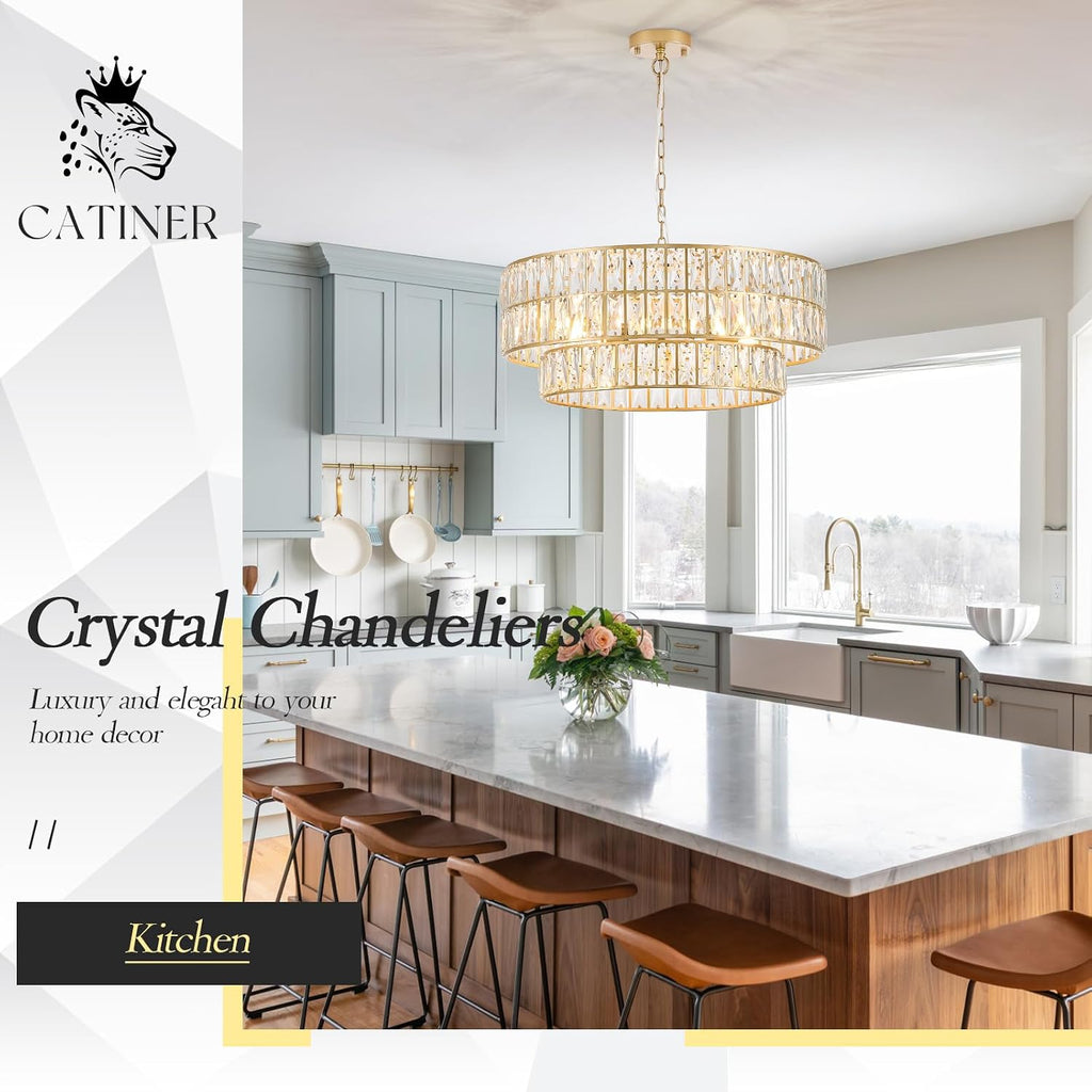 24'' Modern Crystal Chandelier 8-Lights Luxury Gold Semi Flush Mount Ceiling Light Fixtures Round Crystal Pendant