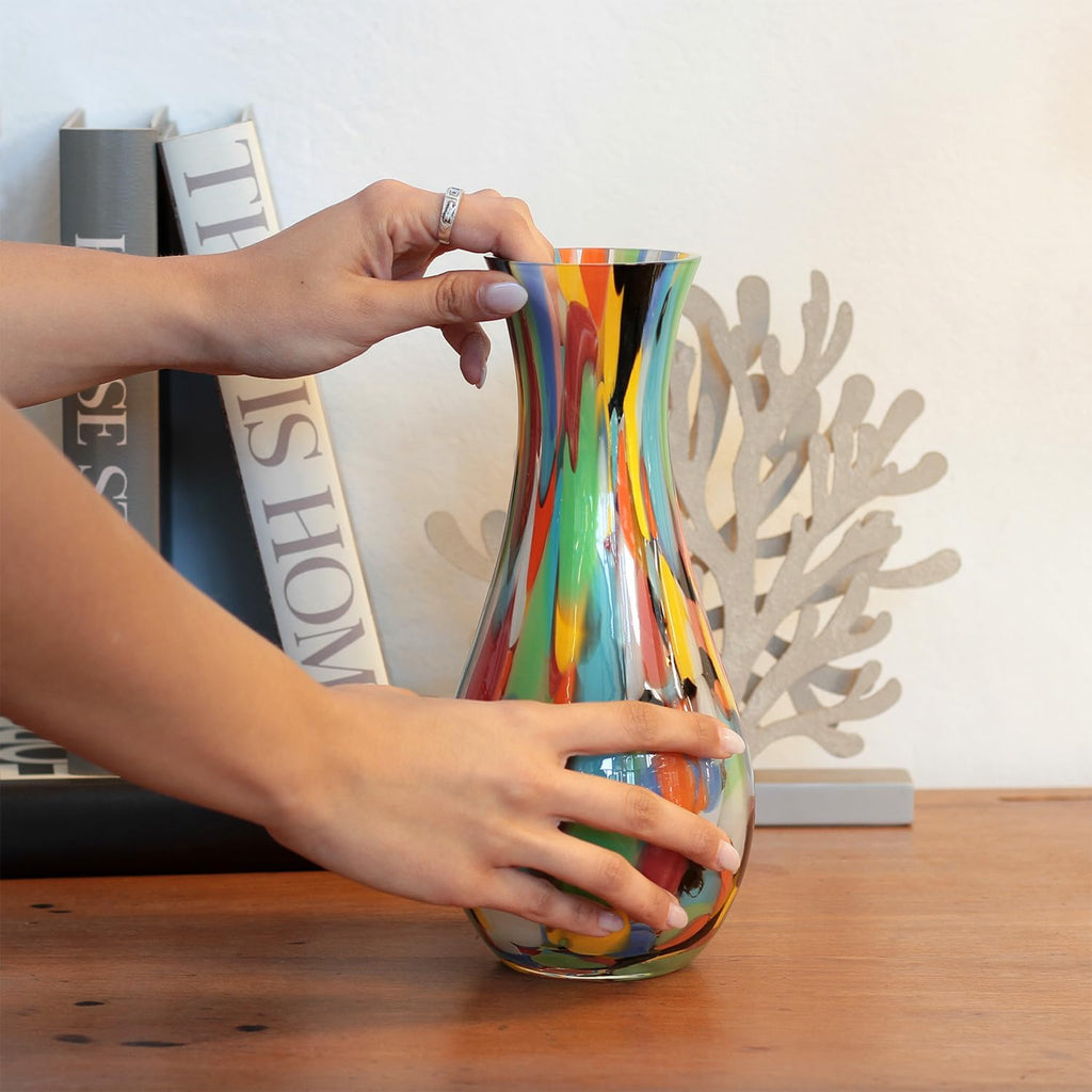 Murano Style Art Glass Vase Hand Blown Colorful Confetti Effect Home Decor