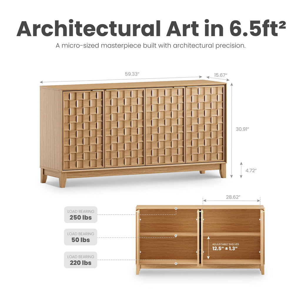 Fluted Sideboard Buffet Cabinet with Storage, 59" Wood Buffet Table with 4 Doors & Adjustable Shelves, Kitchen Dining