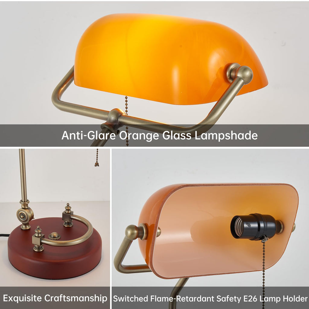 Bankers Lamp Traditional Orange Desk Lamp Solid Wood Pull Chain Switch