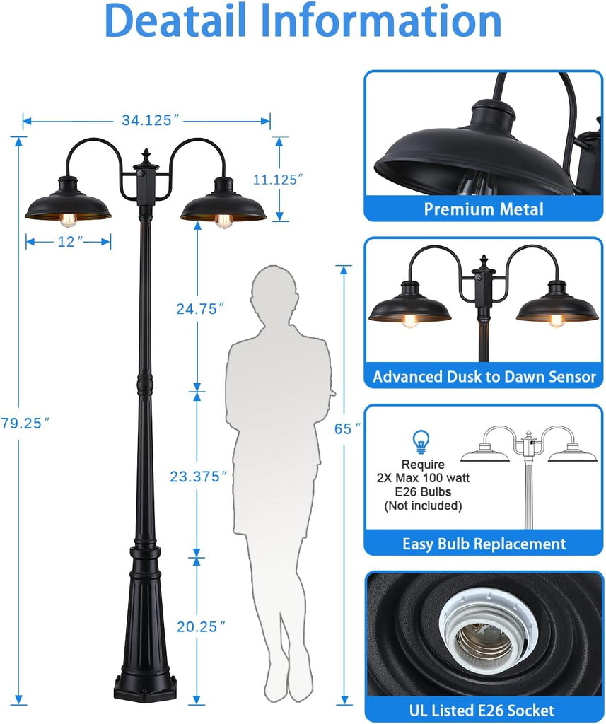 Dusk to Dawn Outdoor Lamp Post Light 2-Head, Outdoor Post Light Street Light Post for Outside with Sensor