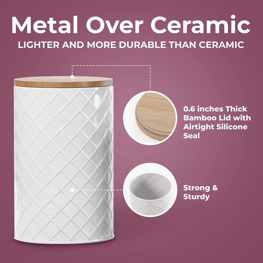 White Metal Canister Set for the Kitchen Counter, Food Canister, Airtight Lids, Sugar and Flour Containers - Set of 4