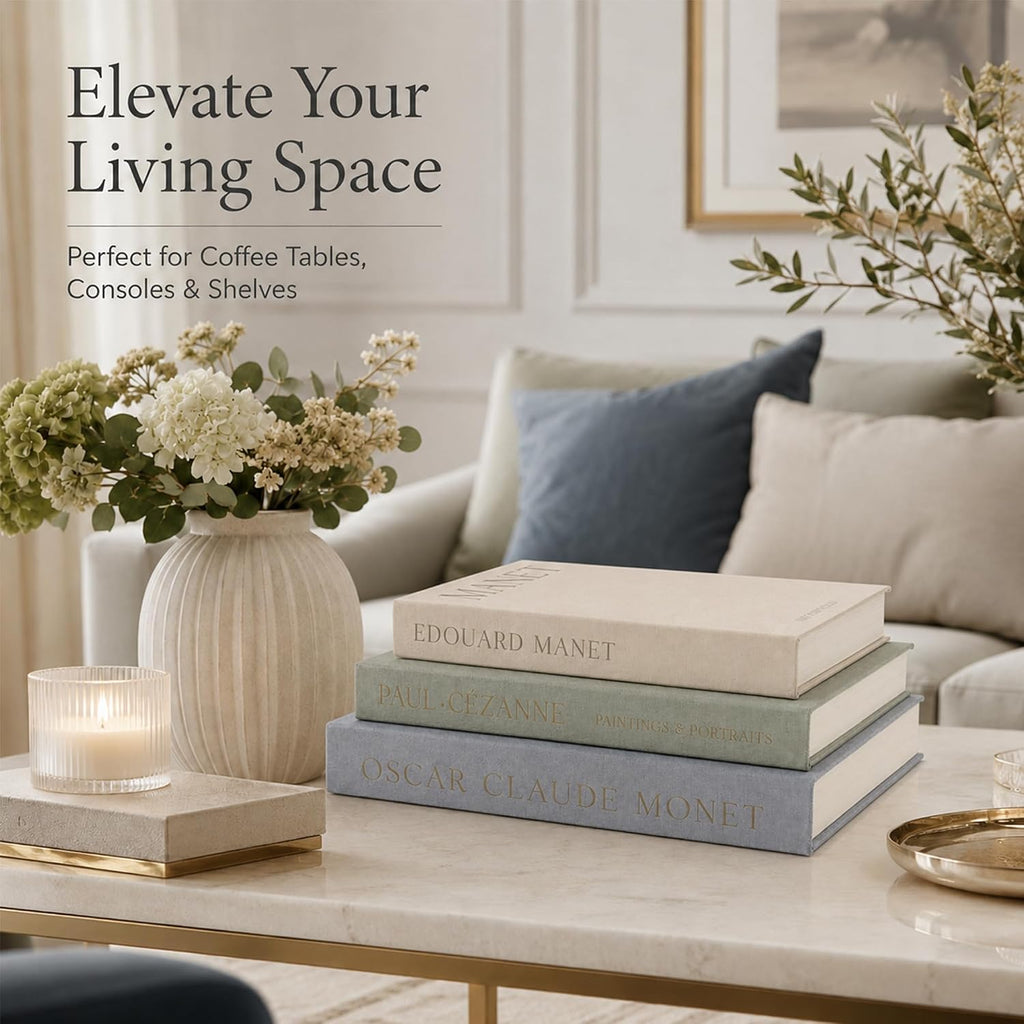 Decorative Books Set of 3 - Minimalist Faux Books for Coffee Table | Aesthetic Hardcover Fake Book Boxes for