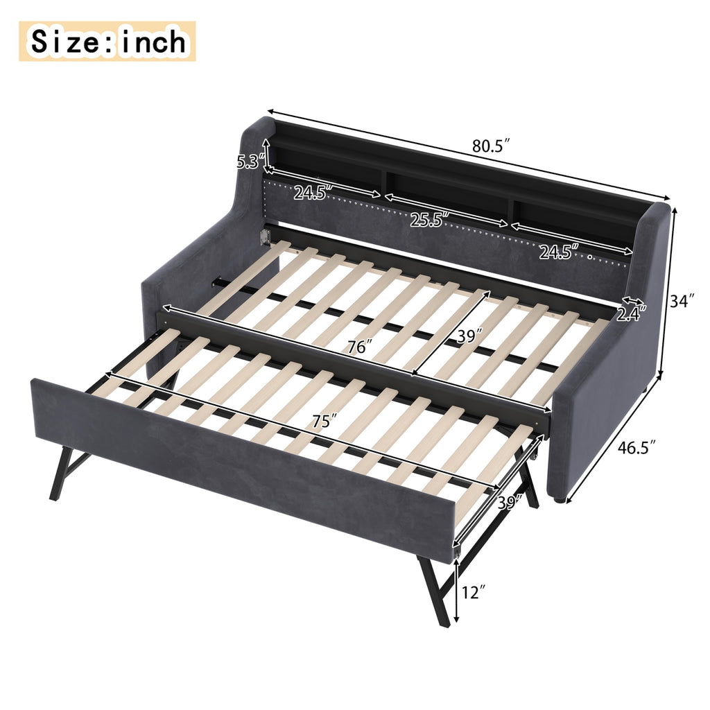 Twin to King Daybed with Pop Up Trundle, King Size Day Bed Frame with LED Lights, USB/Type C Charging Station