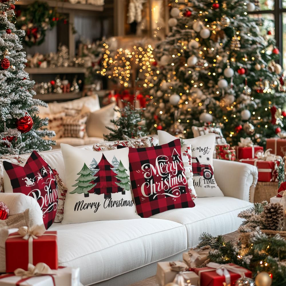 Merry Christmas Throw Pillow Covers 16x16 Inch Set of 4, Xmas Trees Truck Buffalo Plaid Believe Farmhouse Decorative