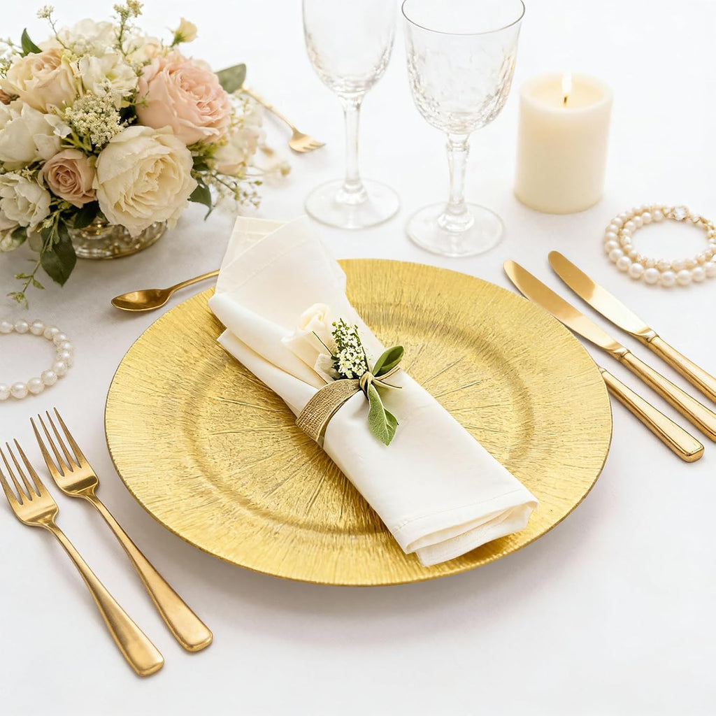 36-Pack 13" Gold Plastic Charger Plates - Heavy-Duty Smooth Rim, Disposable/Reusable, Spill-Proof Round Chargers - Set of 36