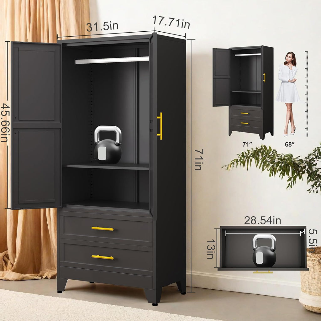 71" Metal Wardrobe Cabinet with 2 Drawers and Hanging Rod Black