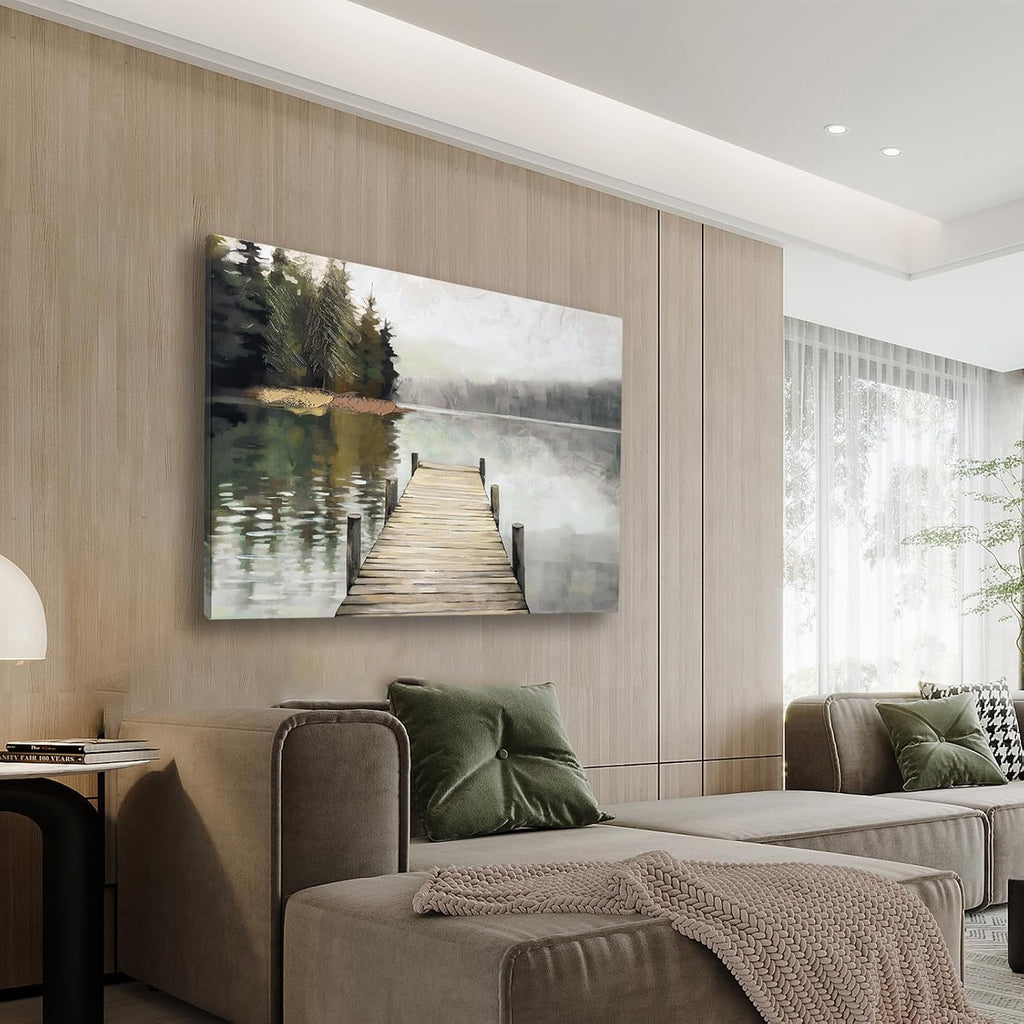 Nature Landscape Large Wall Art Canvas Picture,Horizontal Dock Forest Artwork Decor,Modern Hand Painted Textured Lake