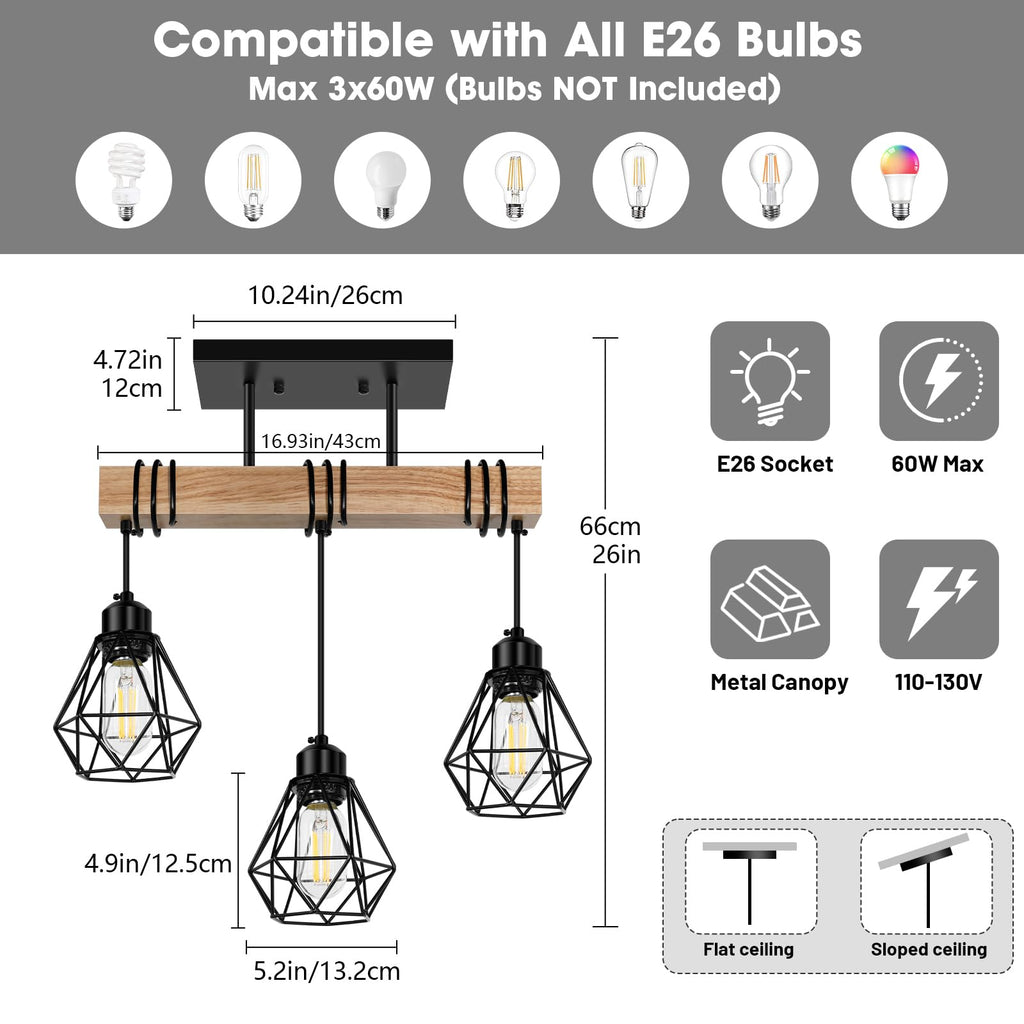 Farmhouse Dining Room Pendant Light Fixtures Over Table, Rustic Solid Wood Kitchen Island Lighting Hanging