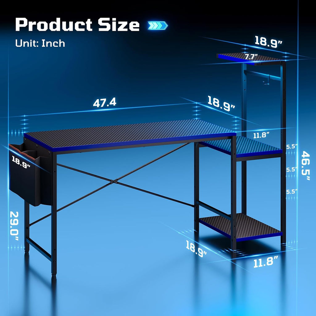 60'' Gaming Desk with LED Lights, Side Storage Bag, Black&Blue | Reversible Shelves, LED Lights, 4-Tier Storage