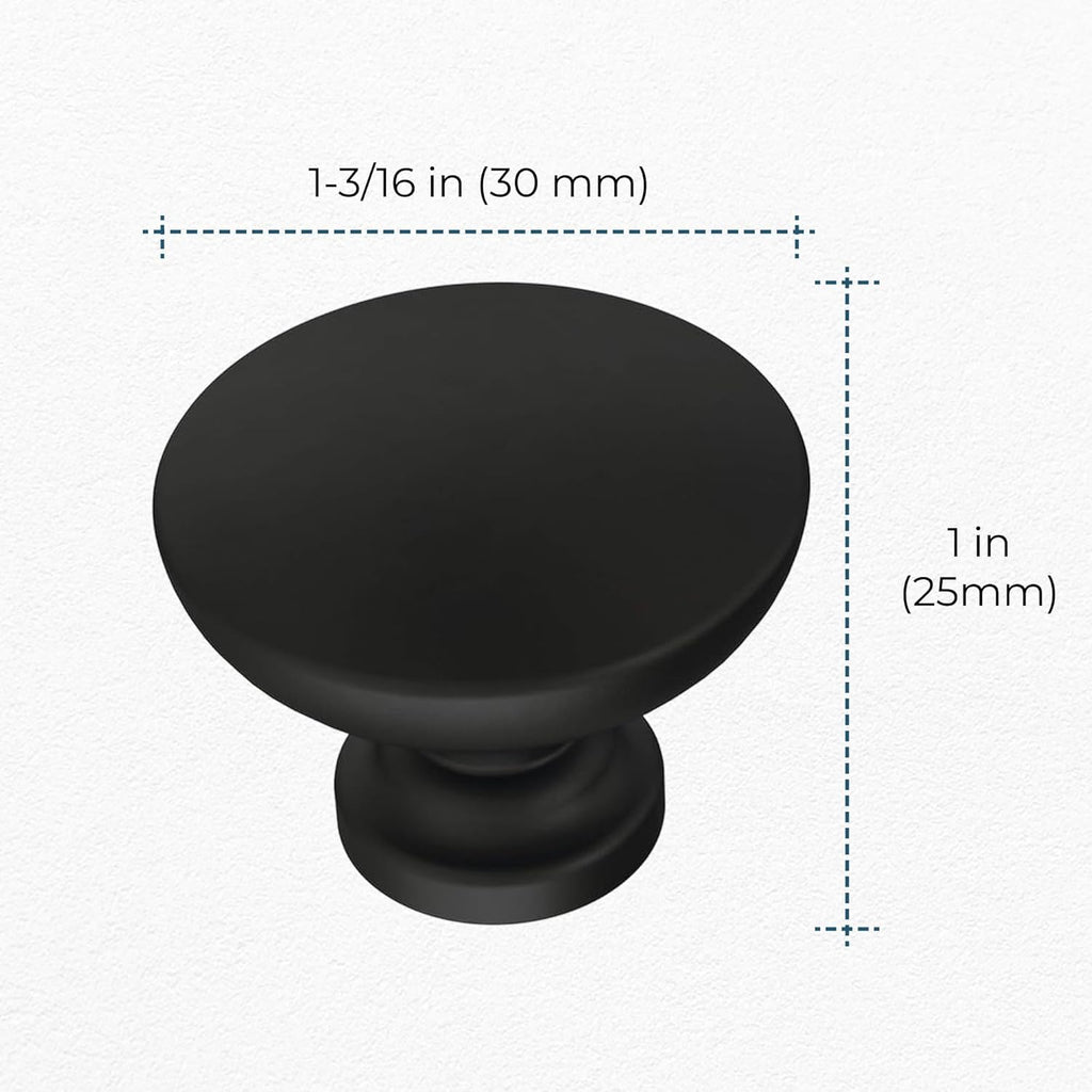Fulton Matte Black Round Cabinet Knobs 1-3/16" Easy Install, Durable Hardware for Drawers, Dresser, Kitchen Cabinet
