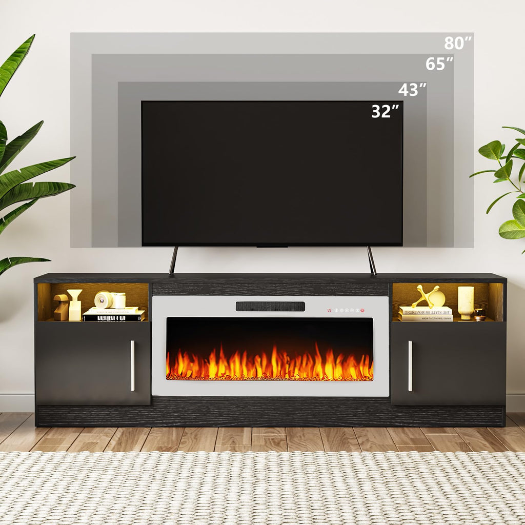 70", Modern LED Light Entertainment Center with Storage and 36" Fireplace, Media TV Console for TVs Up to 80", Fire