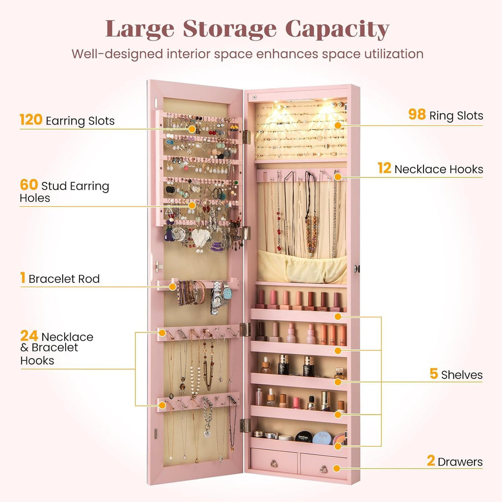 Wall or Door Mounted Lockable Jewelry Armoire with Full-Length Mirror