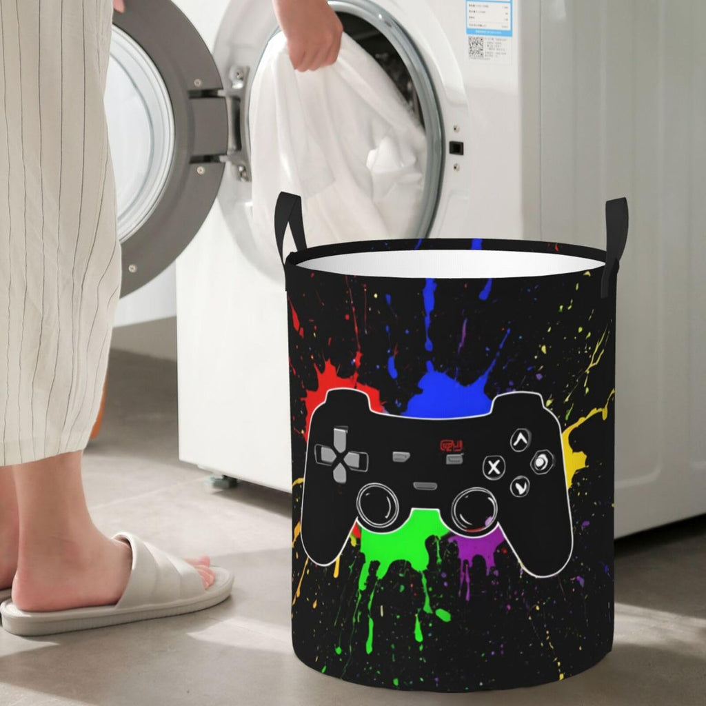 62l Round Laundry Hamper Game Joystick Storage Basket Waterproof Coating Organizer Bin Clothes Toys