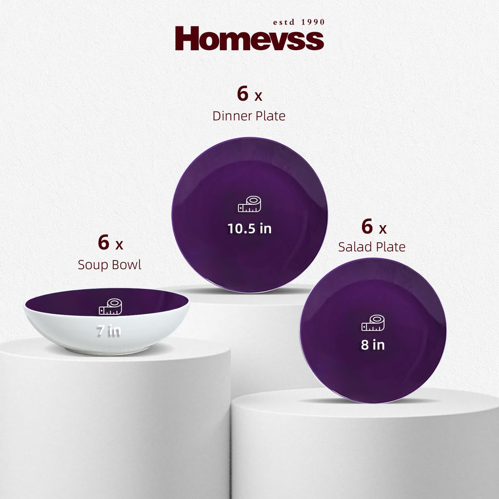 Stoneware Coupe Shape 18pc Dinnerware Set, Outside White + Inside Violet