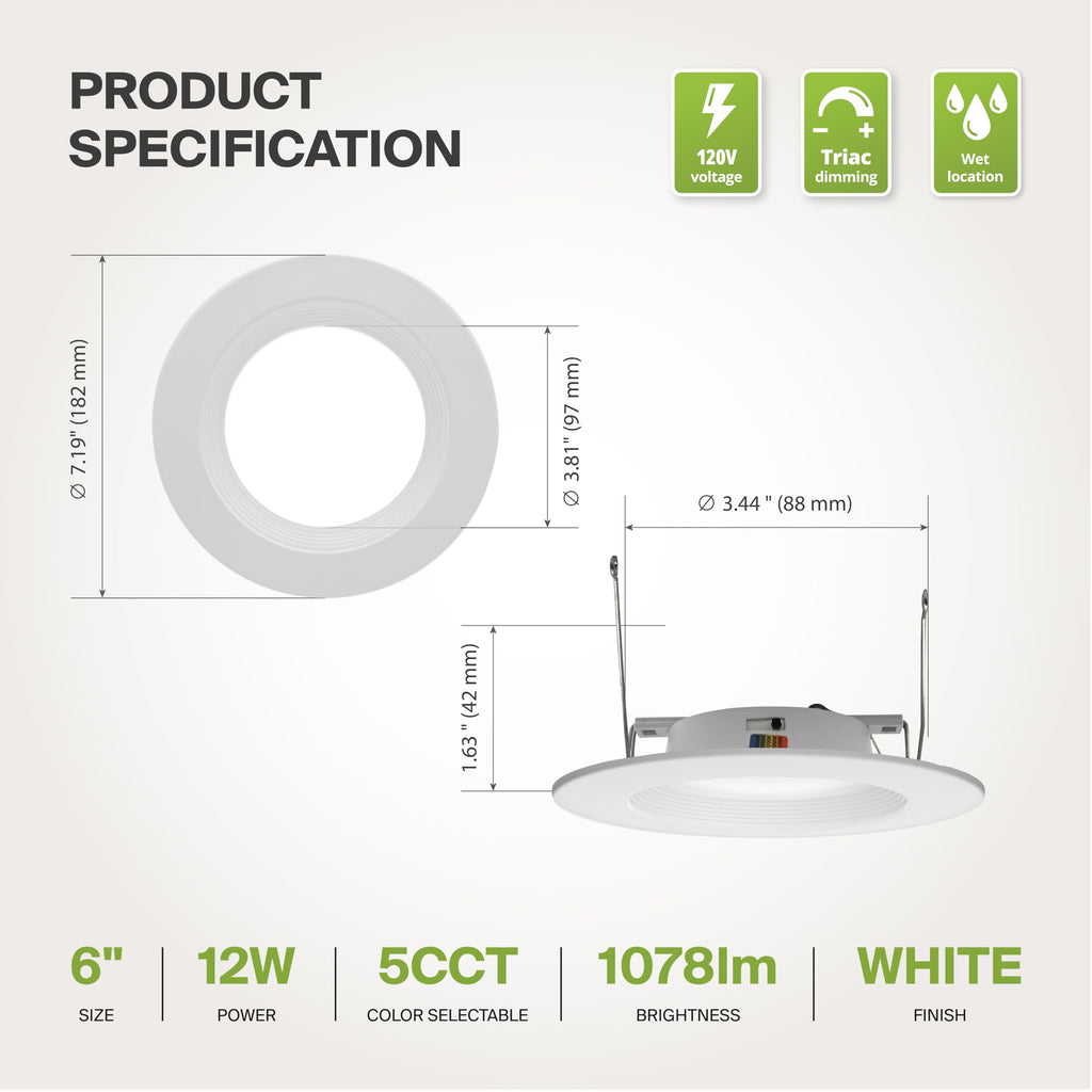 12 Pack Retrofit LED Recessed Lighting 6 Inch, 5CCT Wafer Lights