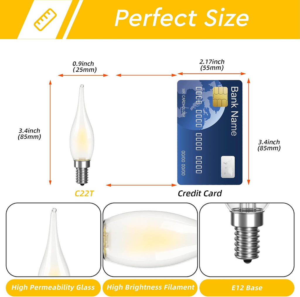 Frosted E12 25 Watt Candelabra LED Light Bulbs,2W 2700K Warm White 200LM