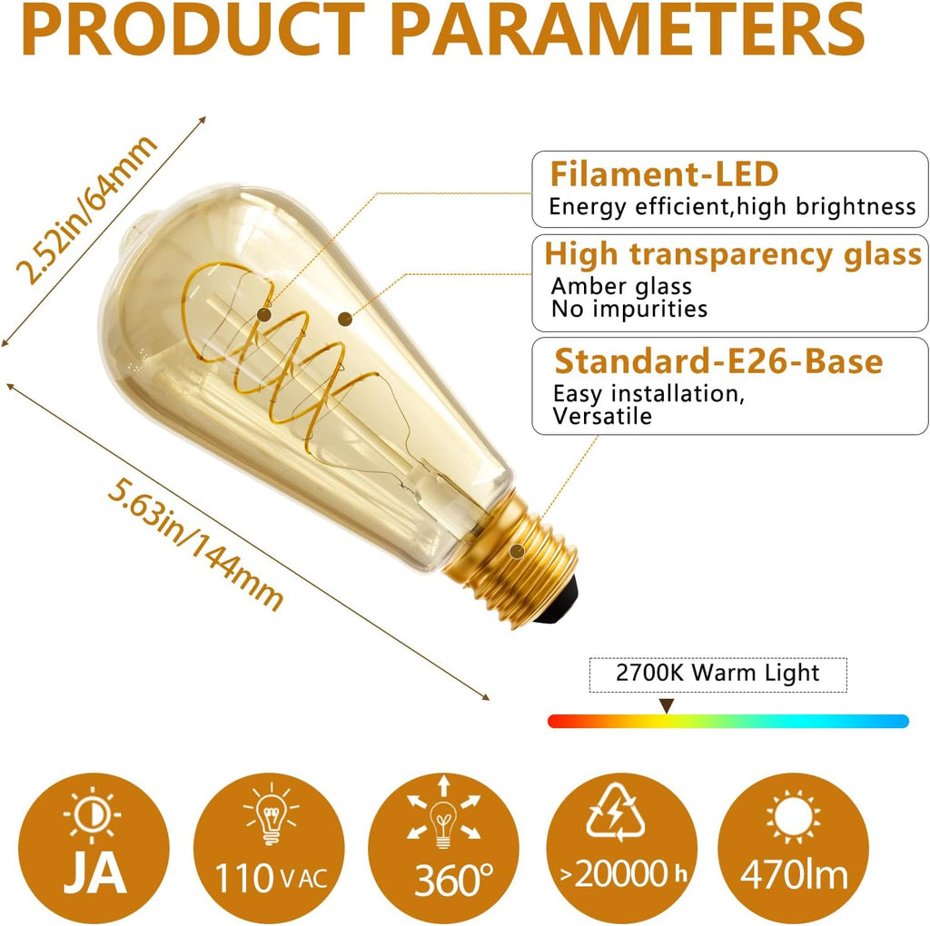 ST64 LED Edison Bulbs, 4W Equivalent 40 Watt, 4-Pack 2700K Amber Warm White Light Bulbs, E26 Base Bulb Dimmable