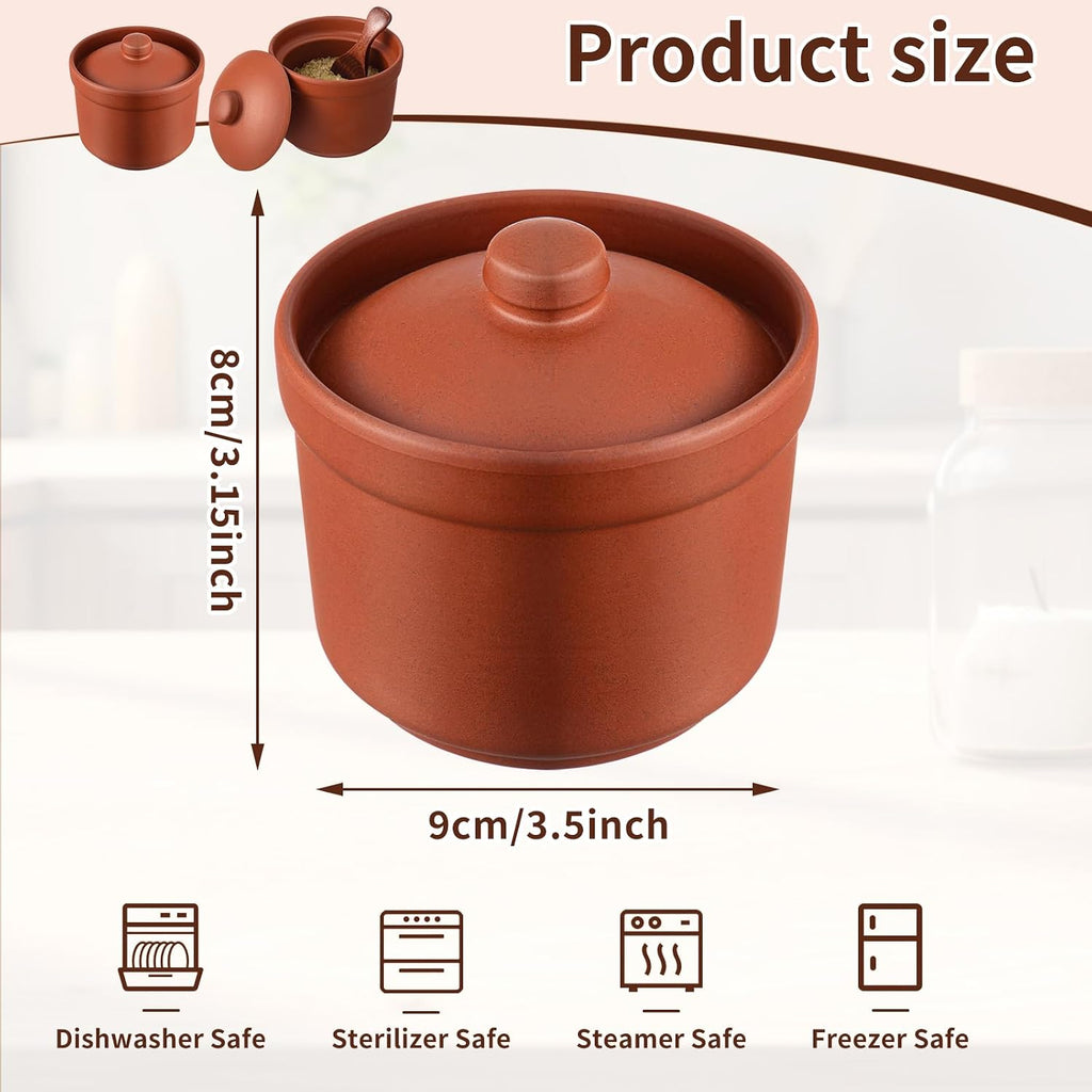 Salt Cellar with Lid and Wooden Spoon, 8 oz, Handcrafted Zisha Clay Salt Container Heavyweight Spices Jar - Set of 2