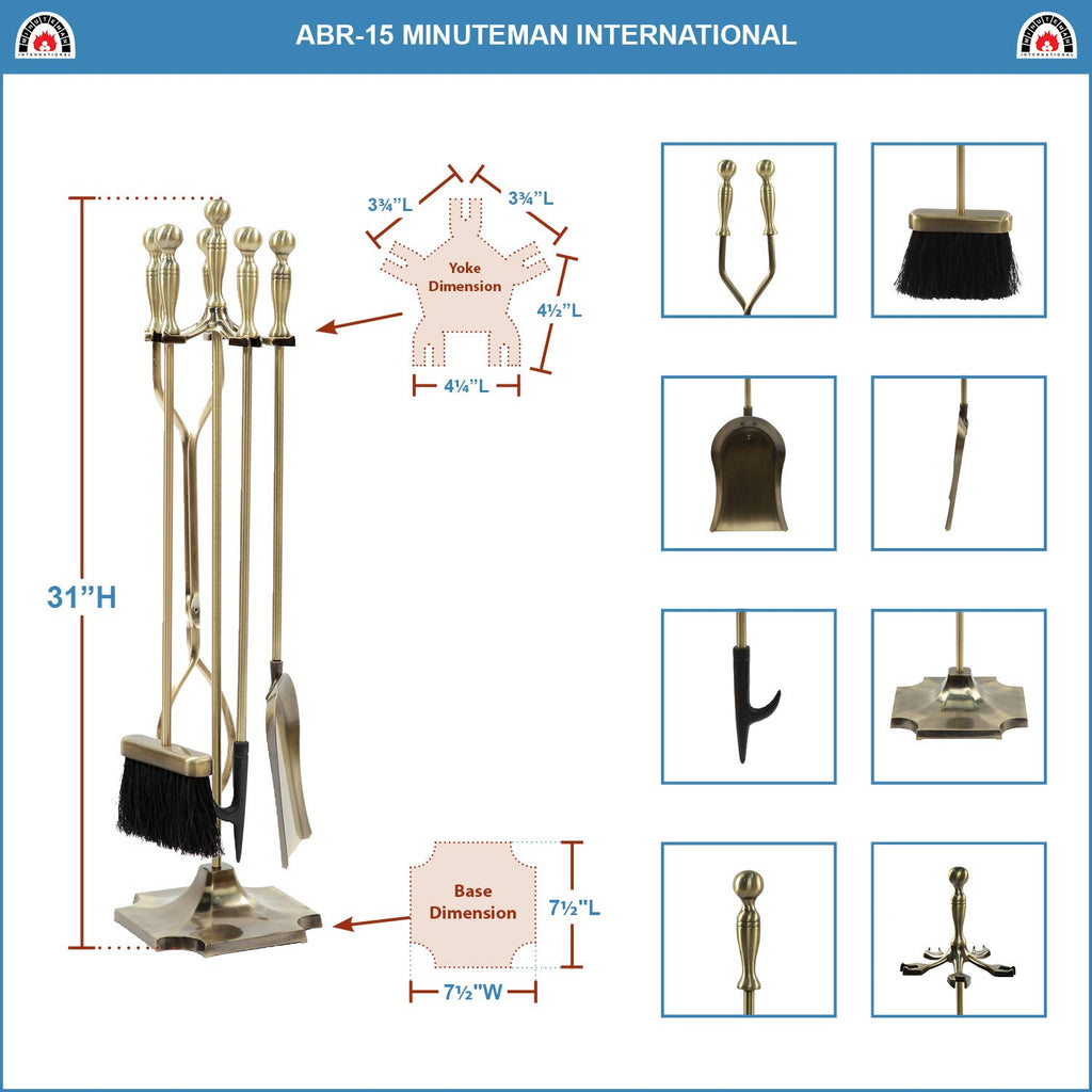 International Concord 5-piece Fireplace Tool Set, Antique Brass