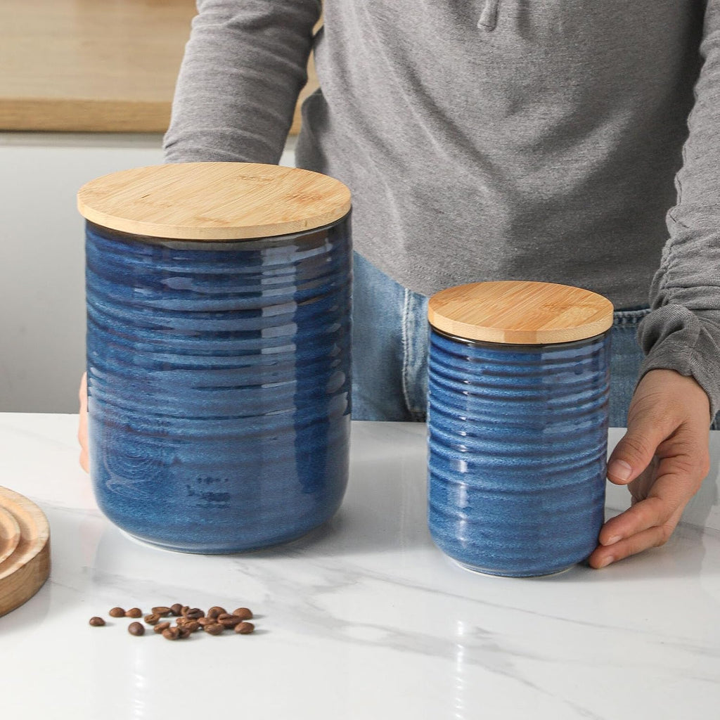 Ceramic Food Storage Jars with Bamboo Lids - 80oz + 24oz Kitchen Canister Set - 7.5" & 5.9" Airtight Containers - Set of 2
