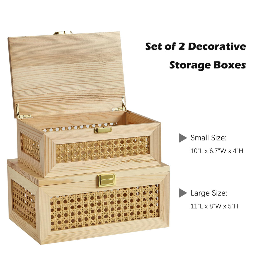 2PCS Decorative Rattan Storage Box Basket with Lid Wooden Frame
