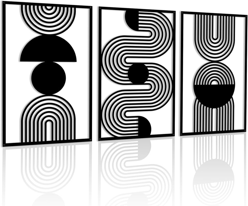 Abstract Metal Wall Art Black Bathroom Wall Decor Mid Century Modern Wall Art Bedroom Bathroom (17x9.8in) - Set of 3