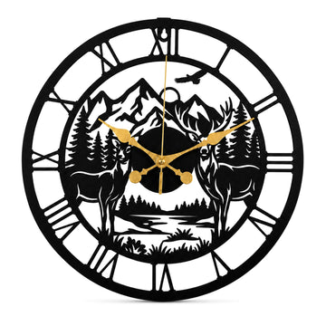 Deer Wall Clock Metal Wall Clock, Rustic Wall Clock Decor, Farmhouse Wall Clock with Deer Mountain Forest Design
