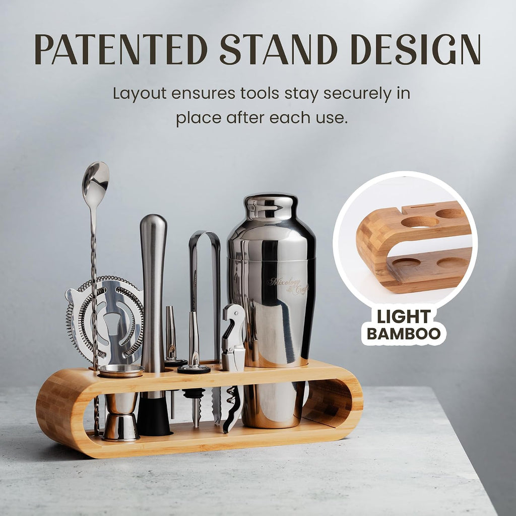 Cocktail Shaker Set with Bamboo Stand - Professional10-Piece Bartender Kit, Complete Bar Set Use with Jigger - Set of 10