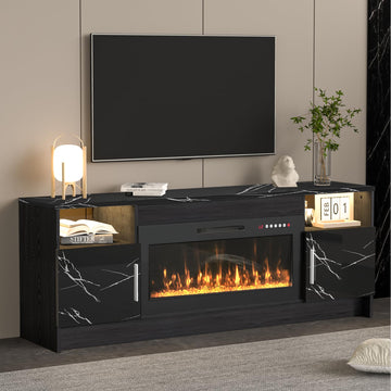 Marble Black Electric Fireplace TV Stand, Led Lights