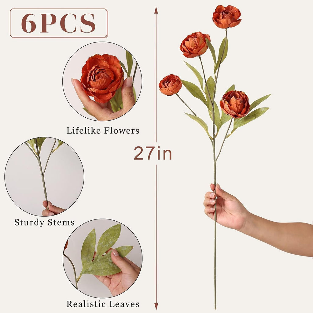27" Faux Silk Peony Artificial Fall Flowers Stems for Vase (Orange) - Set of 6