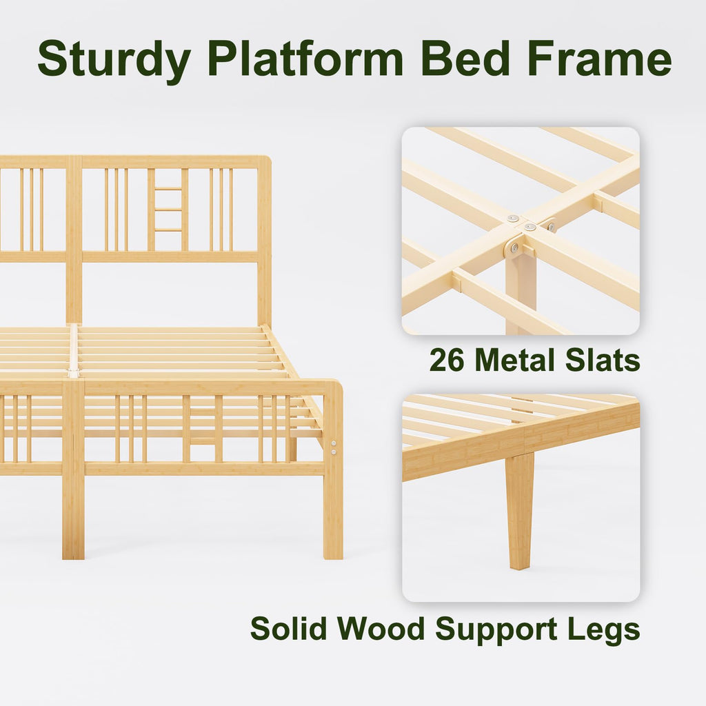 10 Inch High Solid Bamboo Wood King Size Bed Frame with Headboard and Footboard, Platform King Bed Frame with Metal