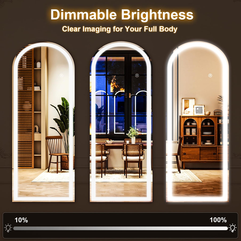 LED White Arched Full Length Mirror - 21" x 64" Adjustable Brightness, Touch Screen Controls, Wall Mounted or