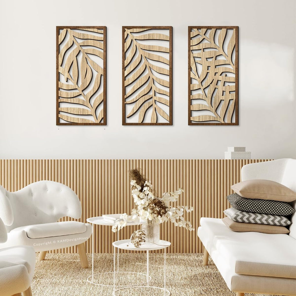 Wooden Geometric Wall Art, Modern Wood Wall Sculpture Panels with 3D Hollow Craft Art, Farmhouse Abstract Hanging - Set of 3