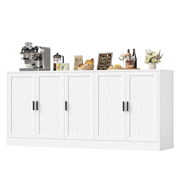 71" White Buffet Cabinet, 5 Chevron Door Modern Farmhouse Coffee Bar
