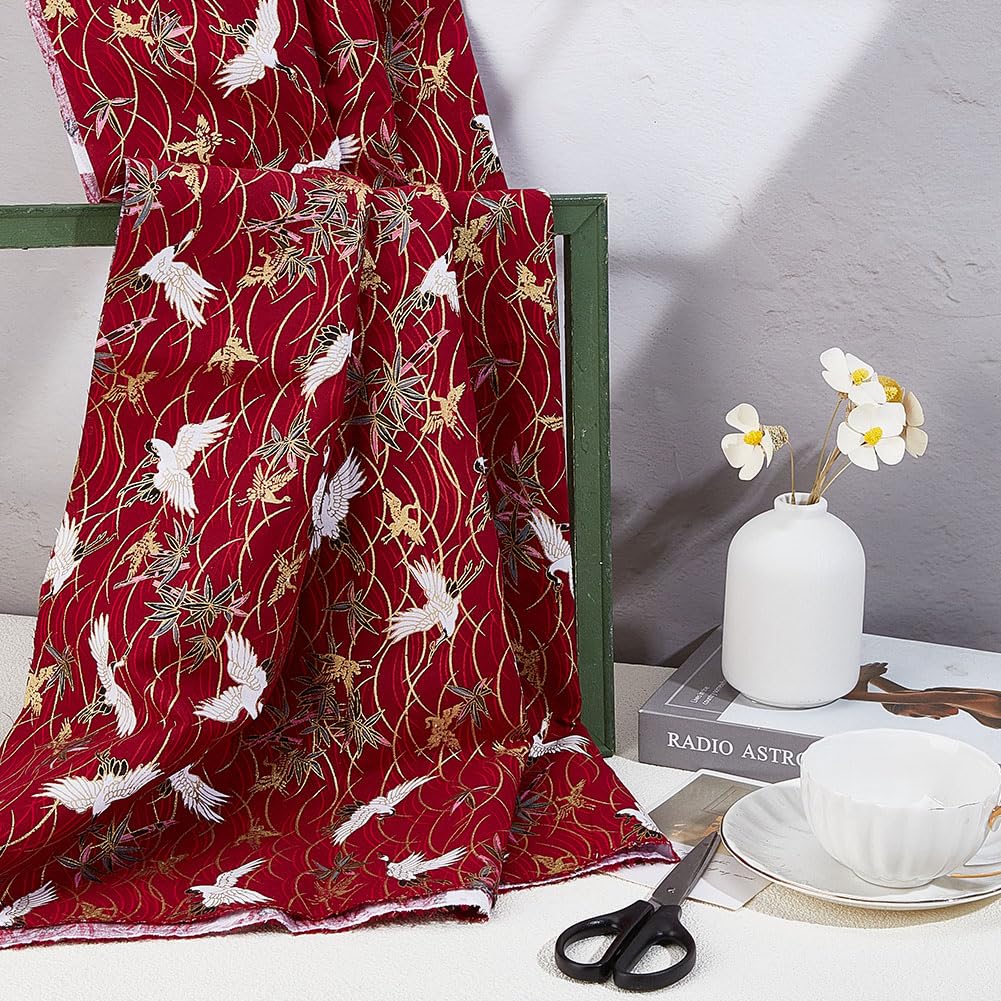 1.1 Yard 59 Inch Dark Red Japanese Crane Printed Cotton Fabrics Japanese Style Quilting Fabric Bronzing Design for