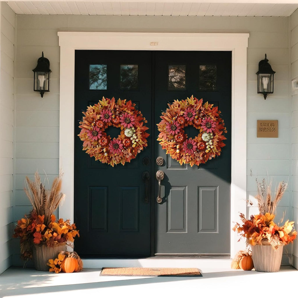 28" Large Artificial Flowers Fall Wreath for Front Door Decor (Fall Orange)