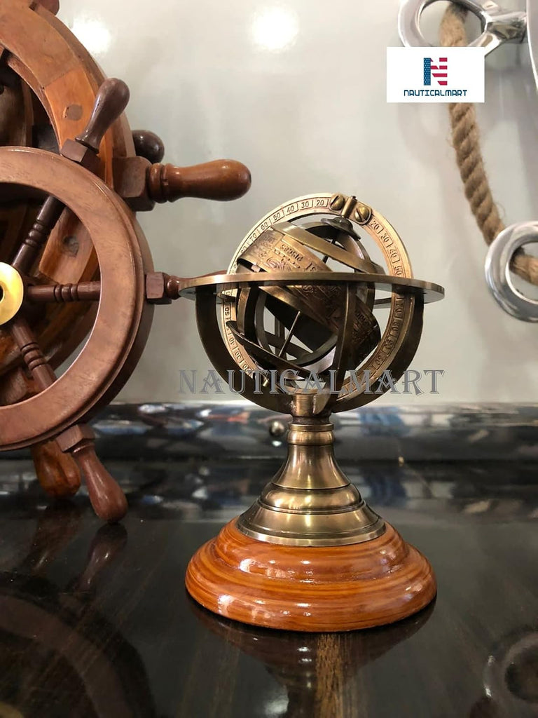 5" Nautical Brass Armillary Sphere World Globe Rosewood Base Table Decor