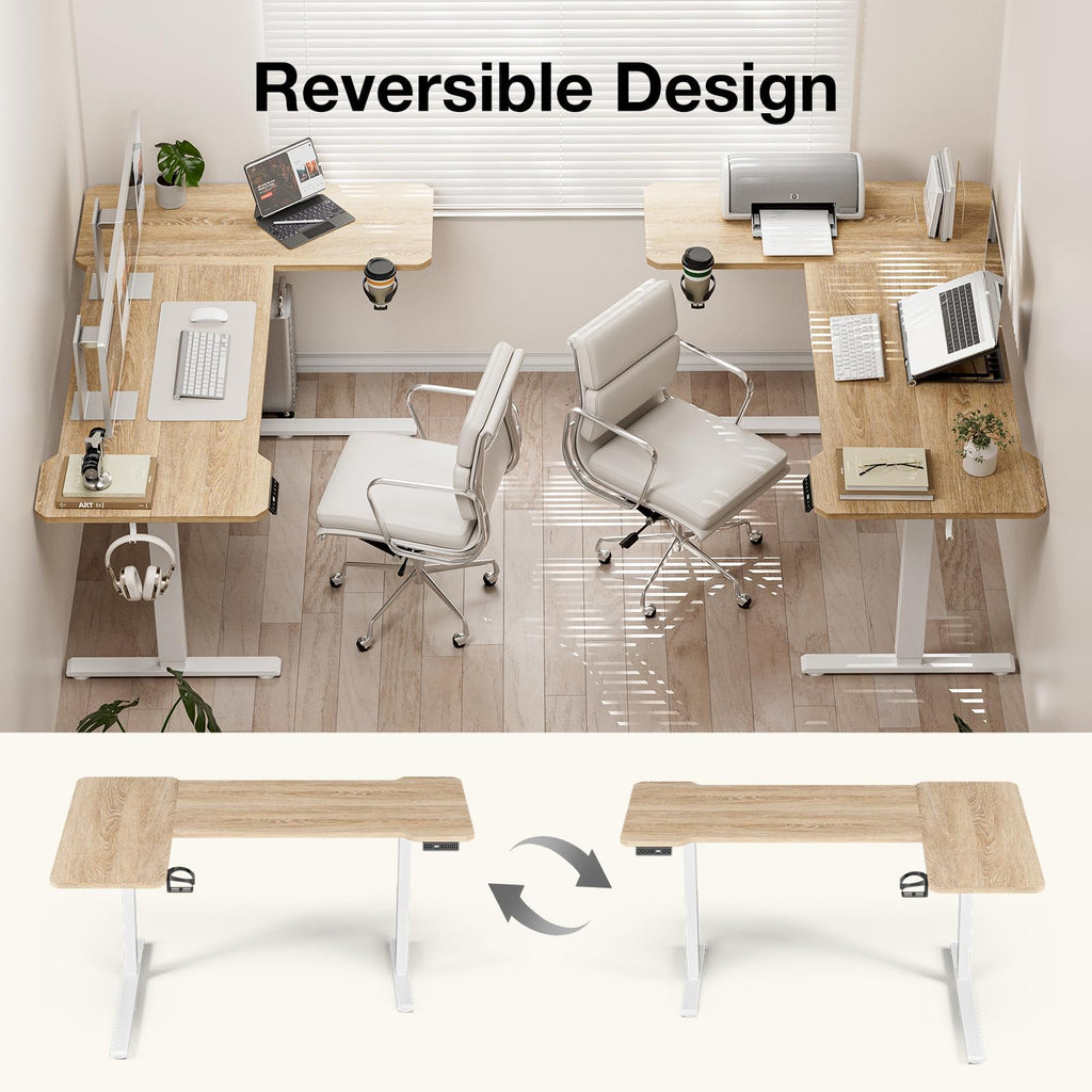 L Shaped Electric Standing Desk, 59x40 Reversible, Oak