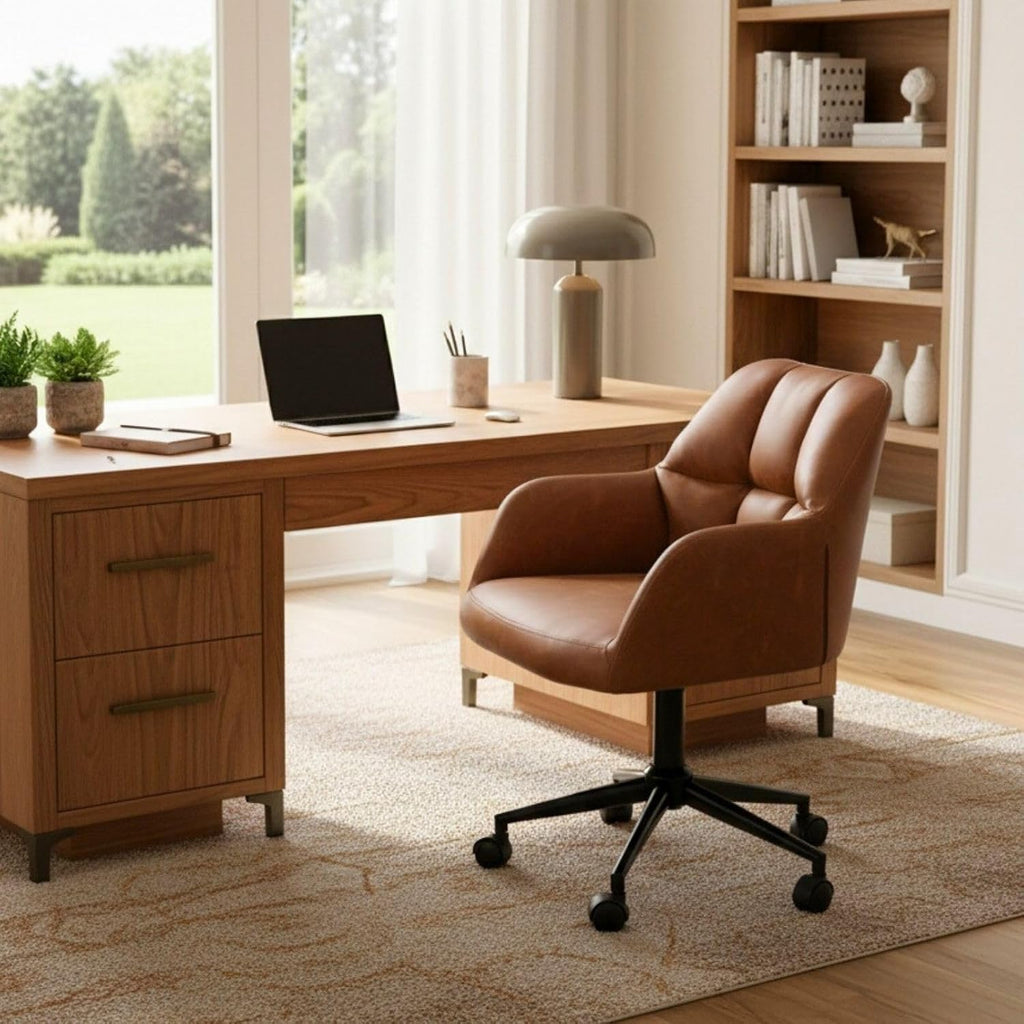 Brown Home Office Desk Chair with Wheels Faux Leather Swivel Desk Chair Upholstered Adjustable Task Armchair for