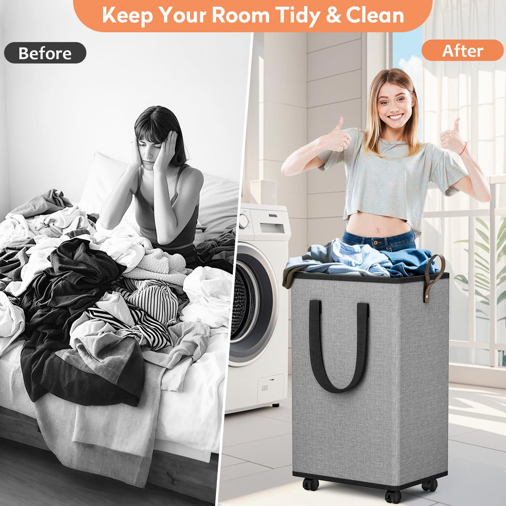 Rolling Laundry Basket with Wheels, Laundry Hamper, 100L, Grey