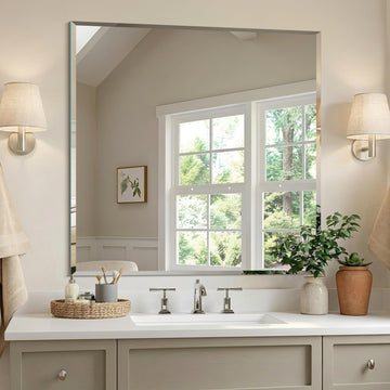 Beveled Mirror, 30x30 Inch Square Frameless Bathroom Mirror for Over Sink, Upgraded Shatterproof Beveled Unframed