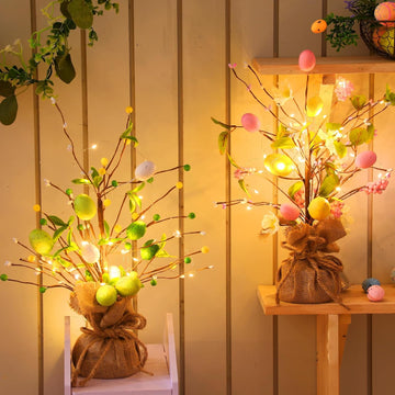 Easter Decorations 18 Inch Lighted Easter Egg Tree Tabletop Decor with LED Light Artificial Tree Decor - Set of 2