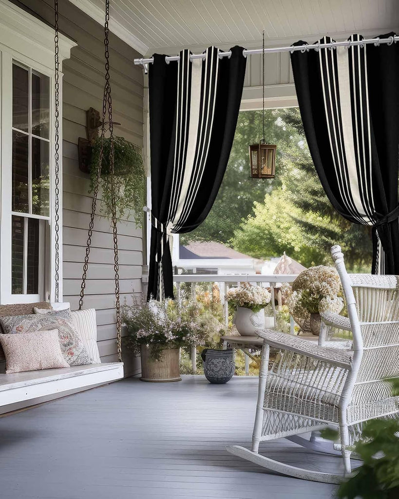 Outdoor Curtains , Black Beige Striped Waterproof Blackout Outside Curtain for Porch/Pergola/Gazebo, Modern Farmhouse