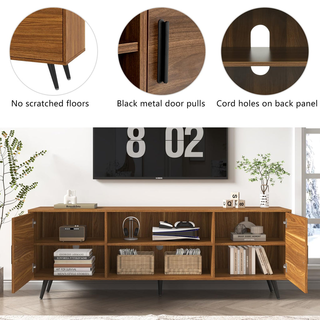 70 Inch Mid Century Modern TV Stand for 75 Inch TV, Wood TV Stand with Storage, Entertainment Center Bedroom, TV
