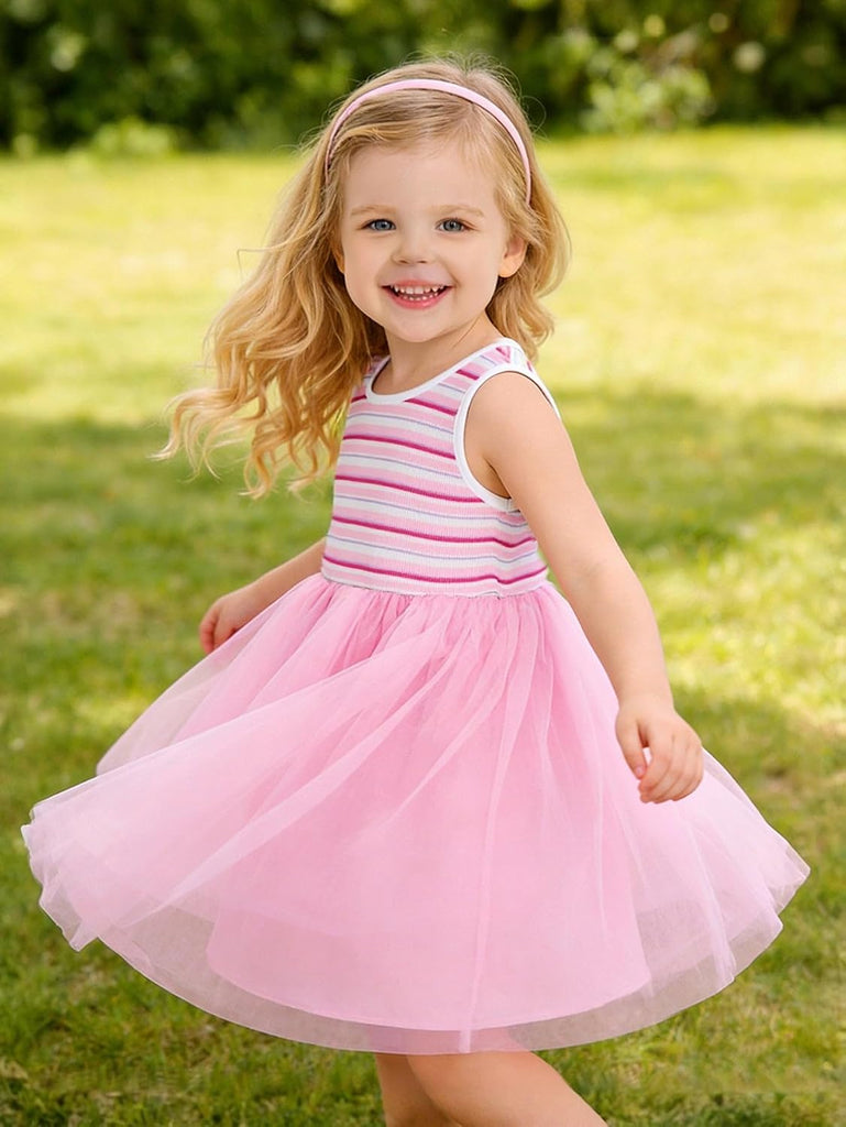 Girls Tulle Dress Cotton Sleeveless Ribbed Dress for Toddler