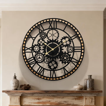 Large Wall Clocks Decor, Industrial Gears Large Round Wall Clock 30 Inches Or Larger with Wooden Clock /Living