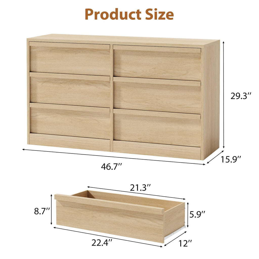 6 Dresser, 46.7" Wide Dresser, Freestanding Horizontal Drawer with Storage, Wooden Closet Chest Storage, Natural Oak