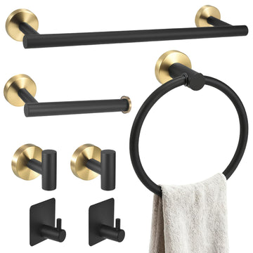 7 Pcs Bathroom Towel Holder Set, Towel Racks | Black and Gold Bathroom Accessories with Stainless Steel, Modern