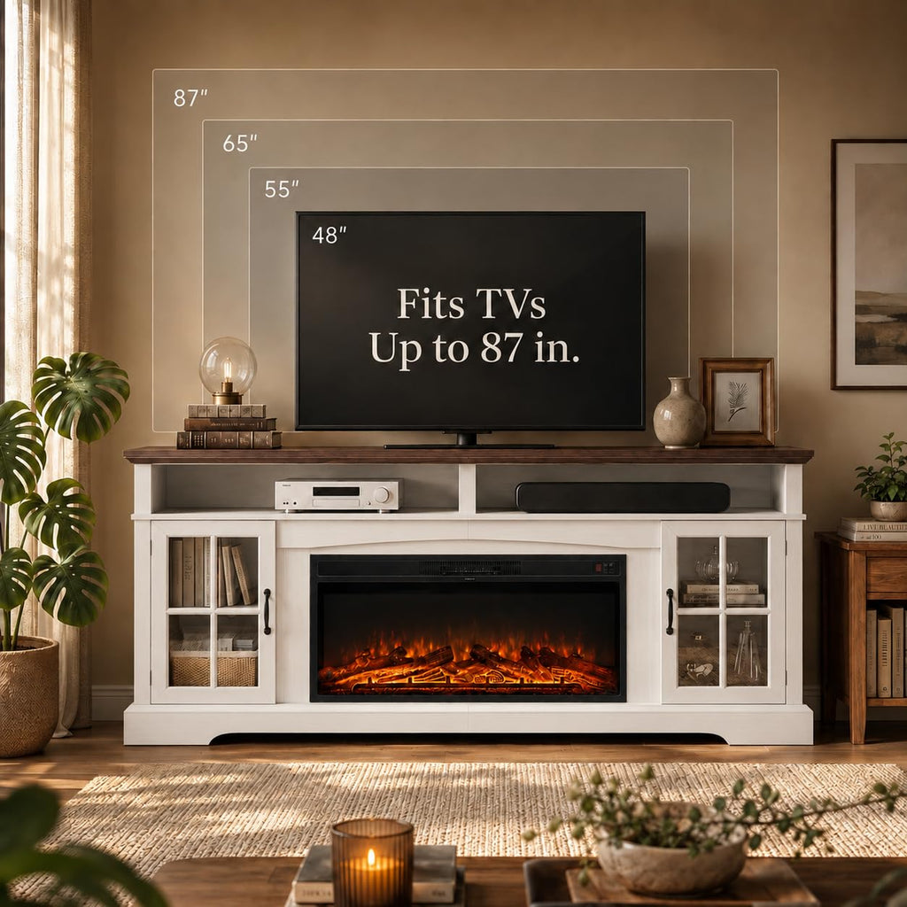 80" Fireplace TV Stand, Modern Entertainment Center for TVs Up to 80", TV Console with Storage Cabinets, Media